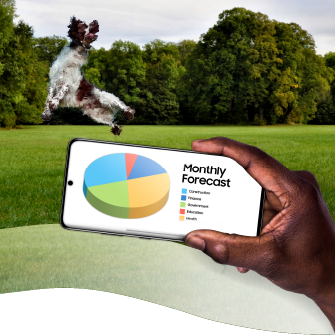 Phone with pie chart and dog